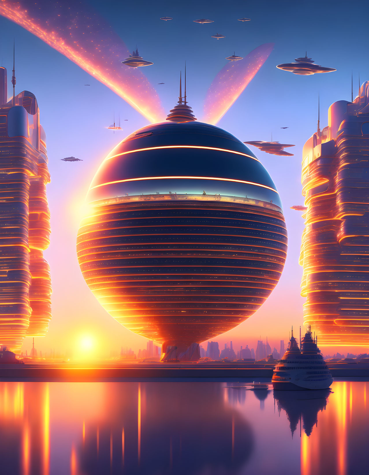 Futuristic cityscape at sunset with reflective skyscrapers, spherical central building, waterways,