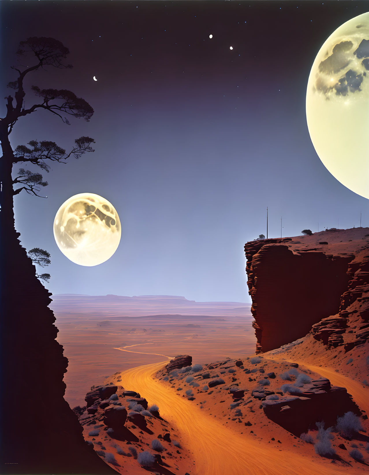 Desert Path Between Cliffs Night Sky Moons Stars