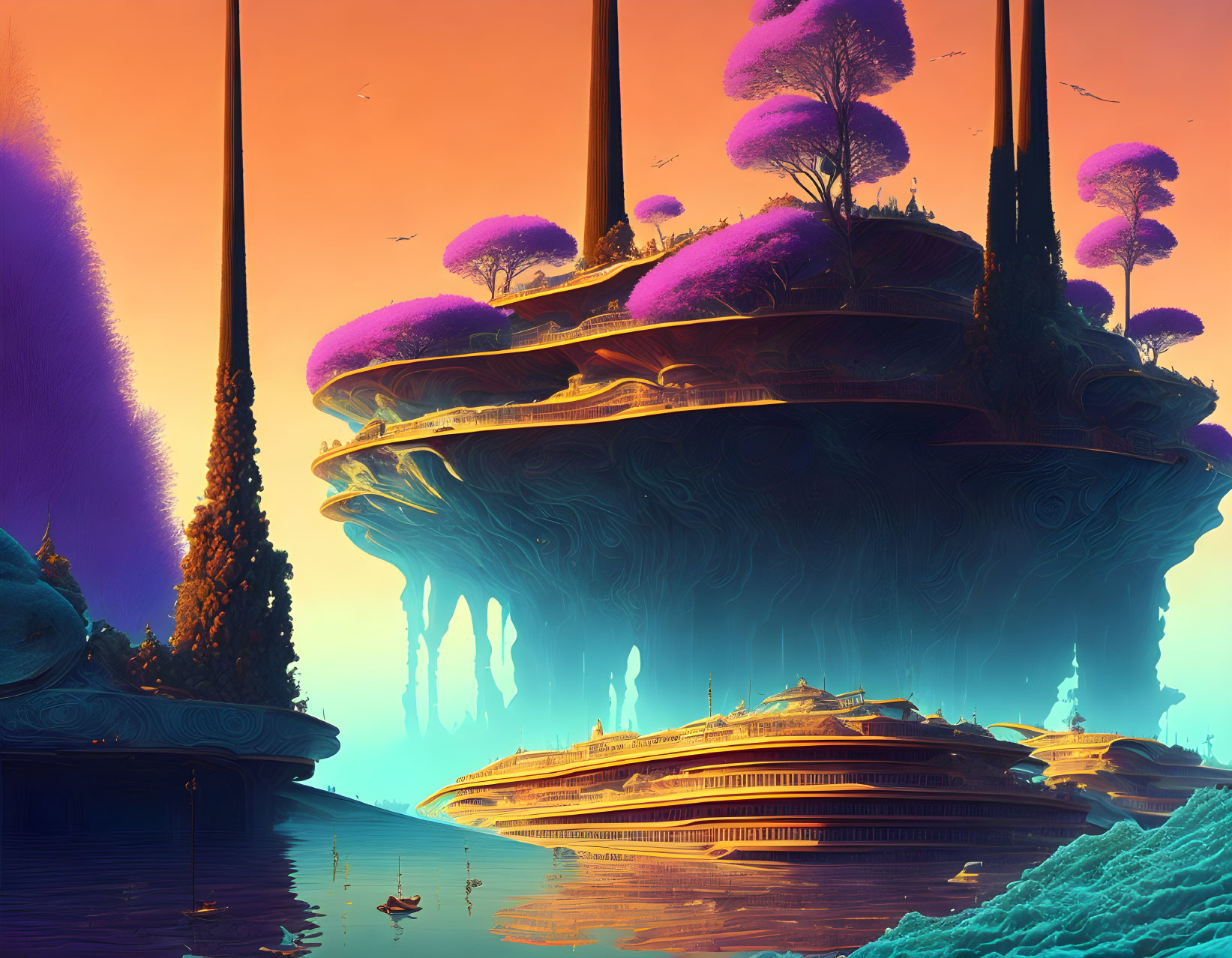 Fantastical landscape with floating islands, purple foliage, towering pillars, and futuristic saucer-like building