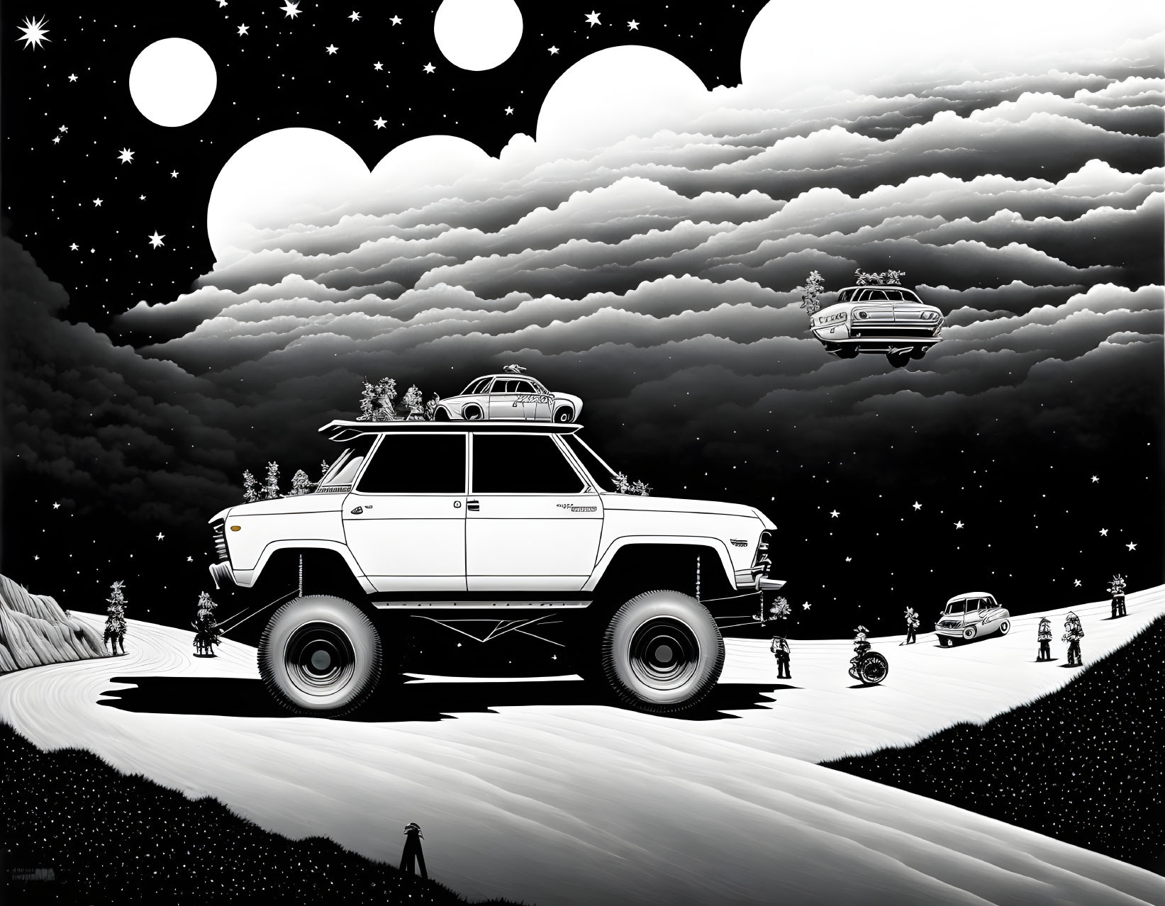 Monochrome illustration of SUV on hill with flying cars and multiple moons