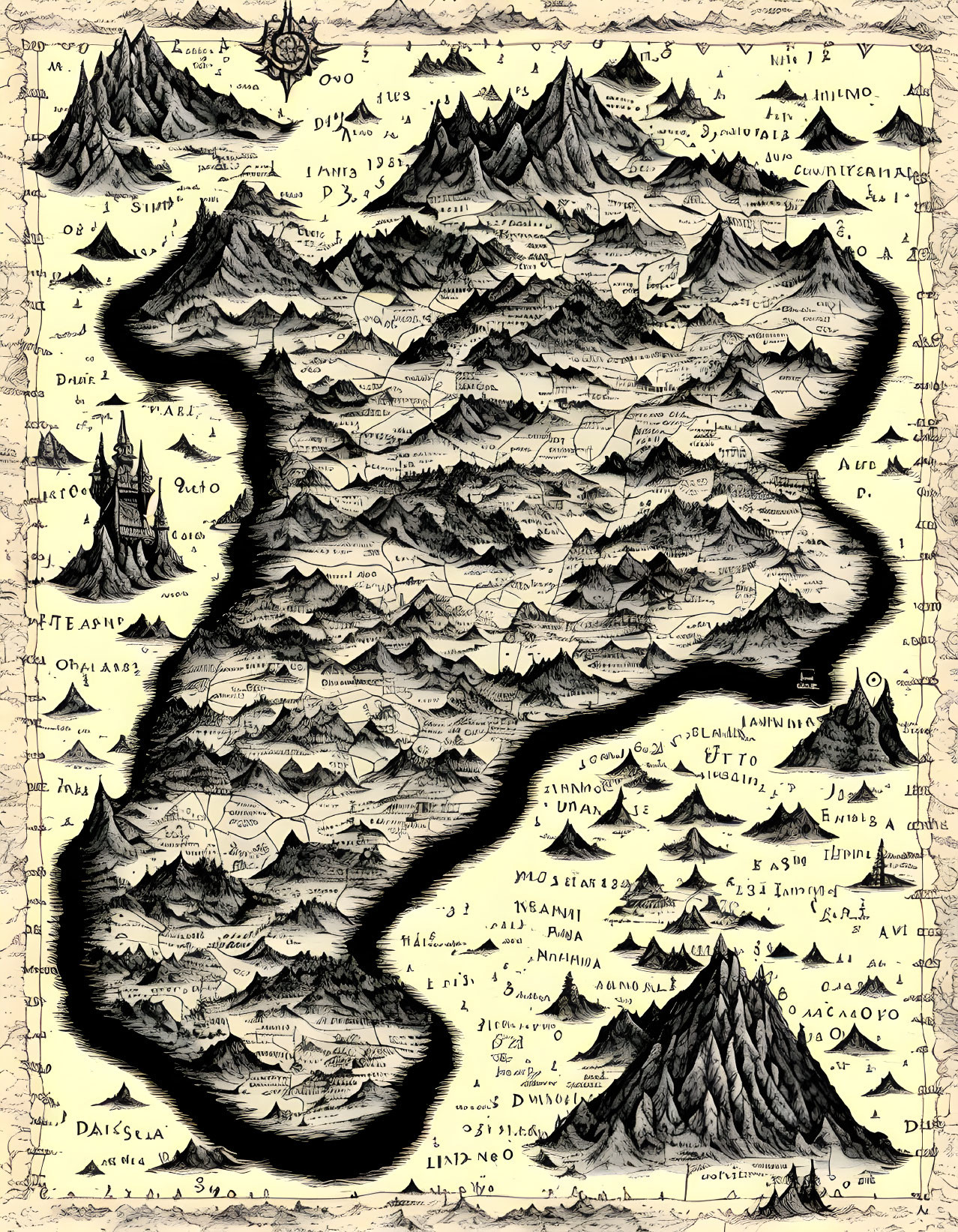 Detailed Vintage Fantasy Map with Mountains, Rivers, and Forests