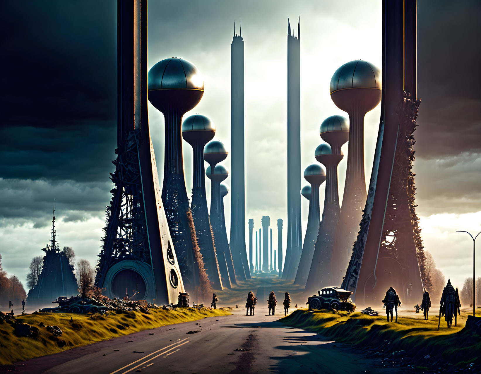 Futuristic cityscape with towering spires and spherical buildings under dramatic sky