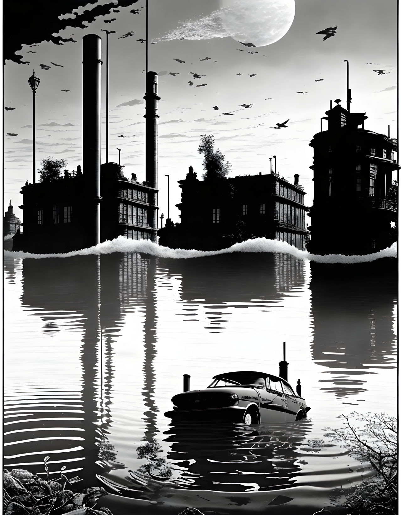 Monochromatic industrial landscape with buildings, chimneys, birds, water reflection, and submerged car.