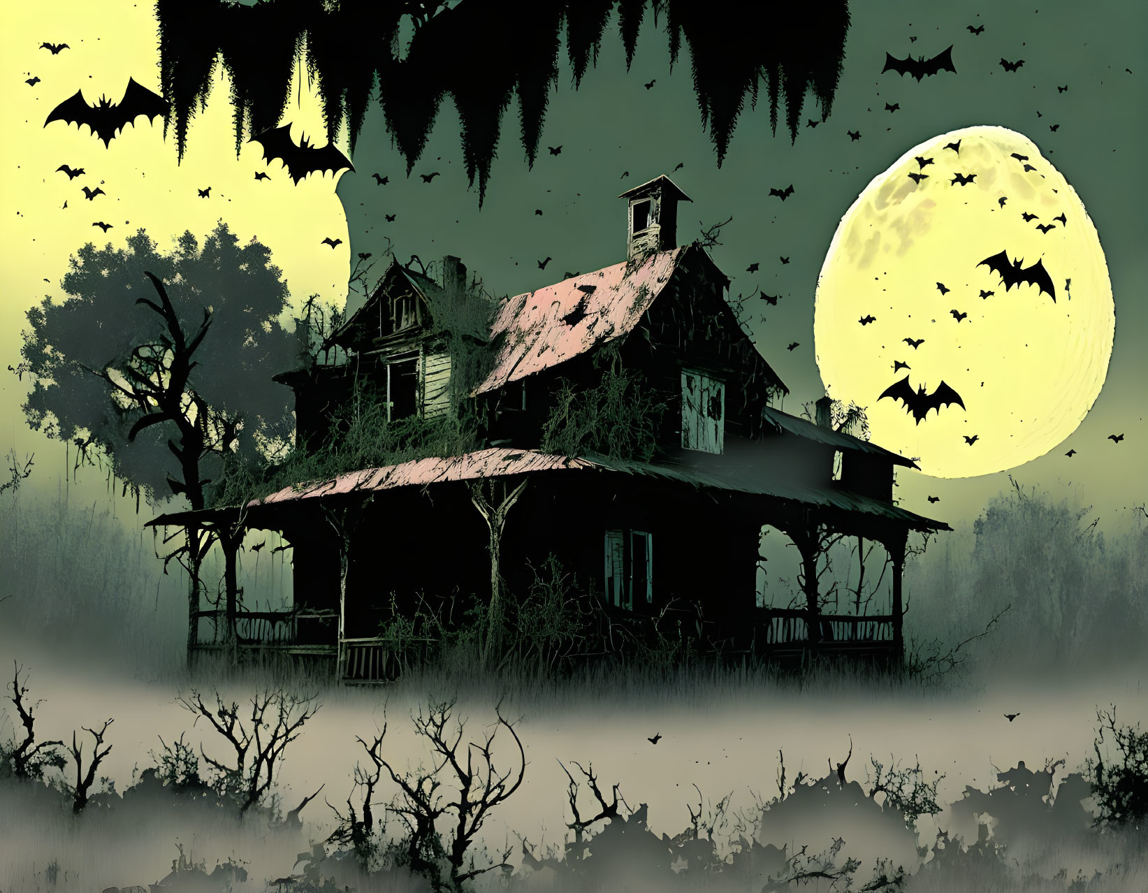 Spooky illustration: dilapidated house, large moon, flying bats, eerie landscape