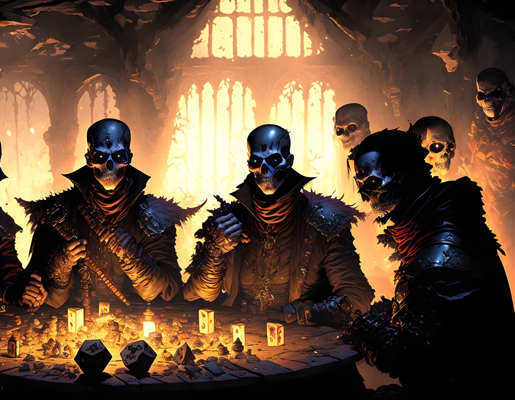 Gothic skeleton figures at table with candles and dice