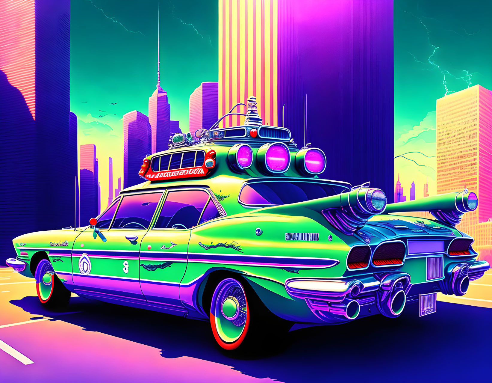 Colorful retro-futuristic car illustration in neon hues with advanced modifications against stylized skyscrapers