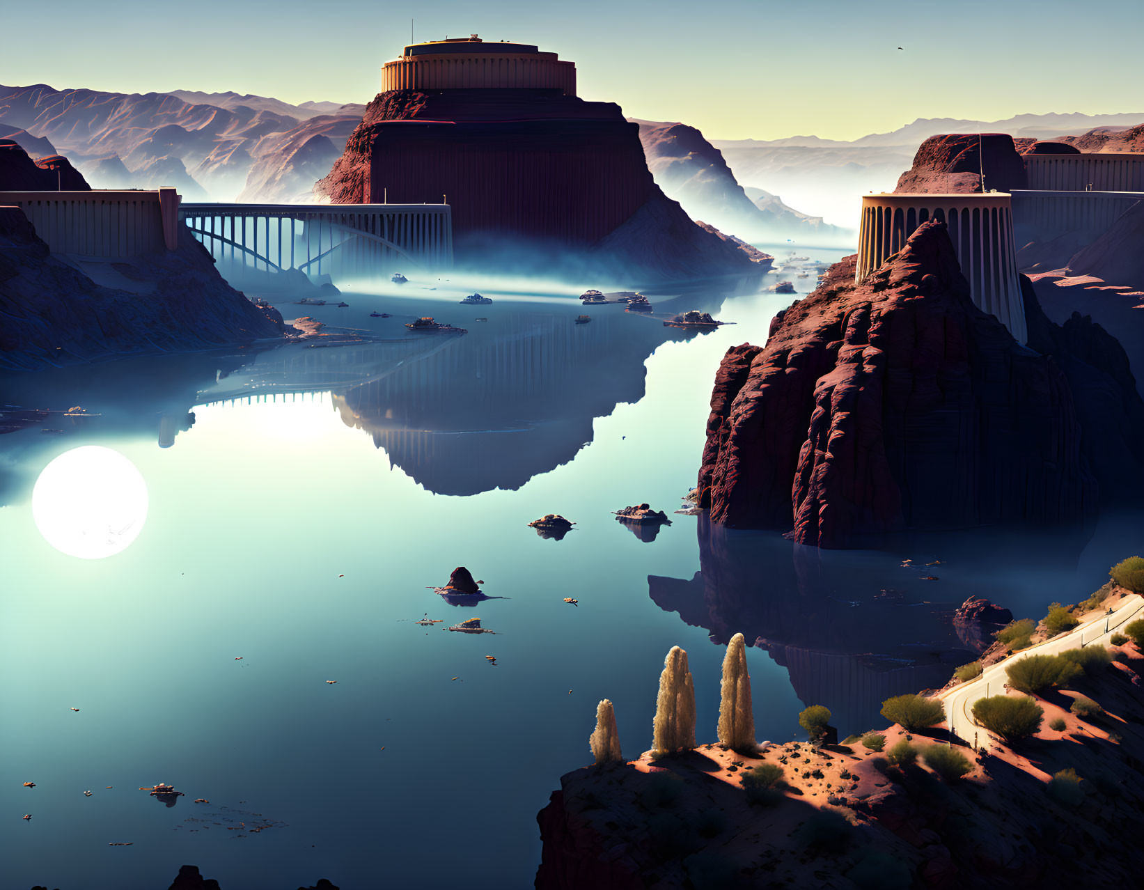 Alien landscape with reflective water, futuristic structures, mountains, white sun