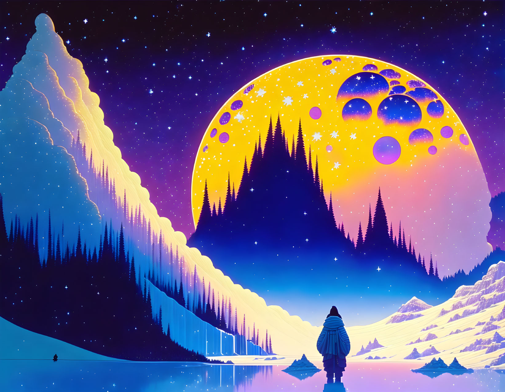 Colorful surreal landscape with moon, pine trees, mountains, and starry sky