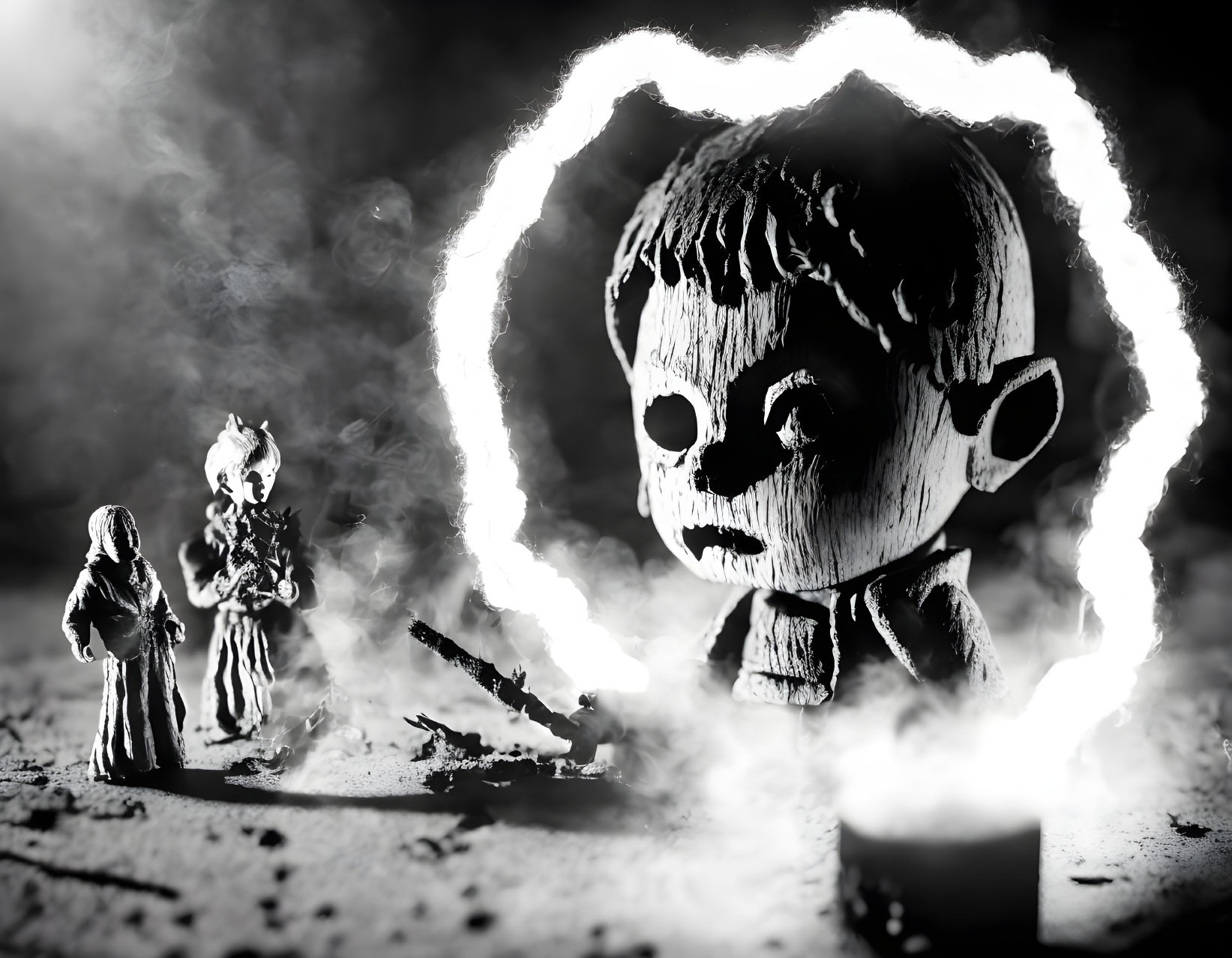 Monochrome stylized figures with glowing outline and ominous character.