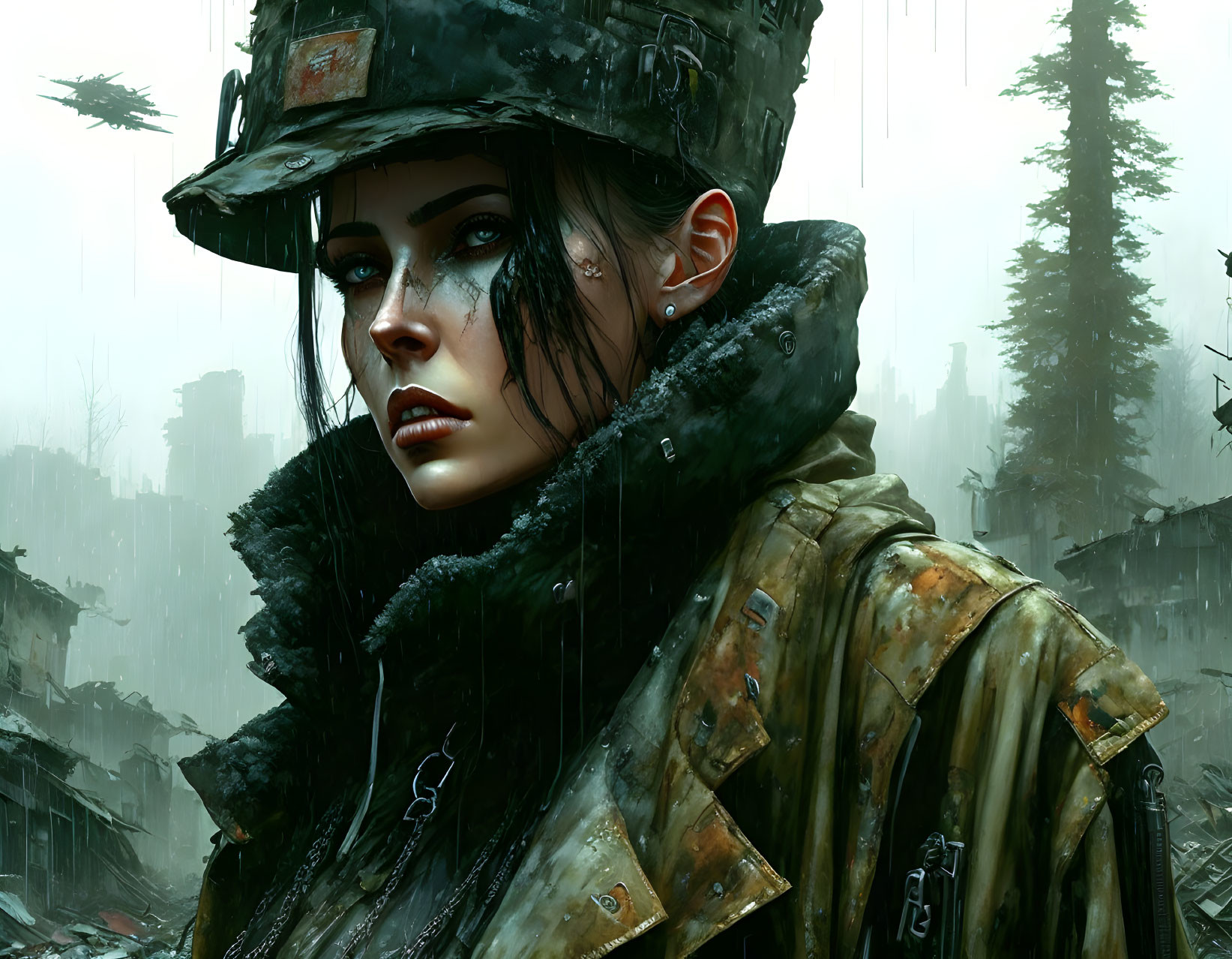 Digital artwork of woman in military attire with camo paint, gazing intensely in war-torn setting