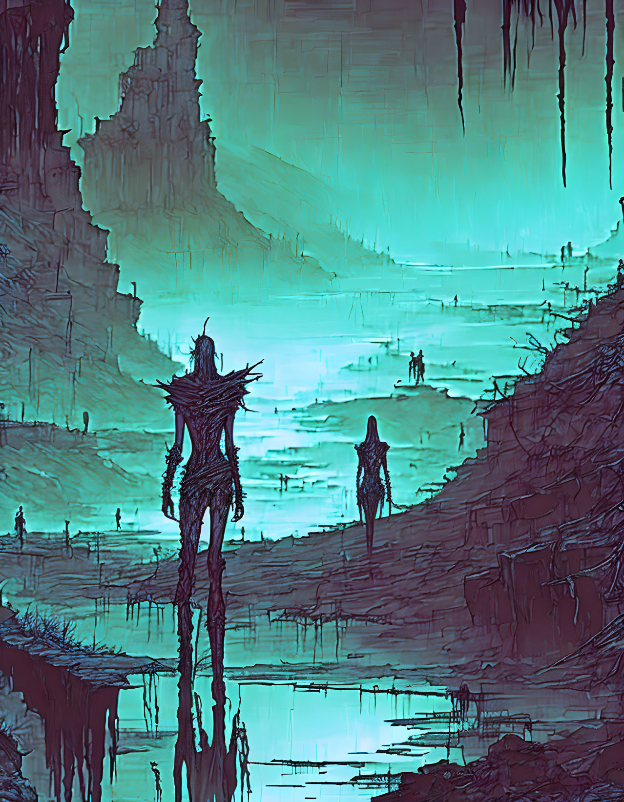 Silhouetted figures by reflective water in teal-toned cavern landscape