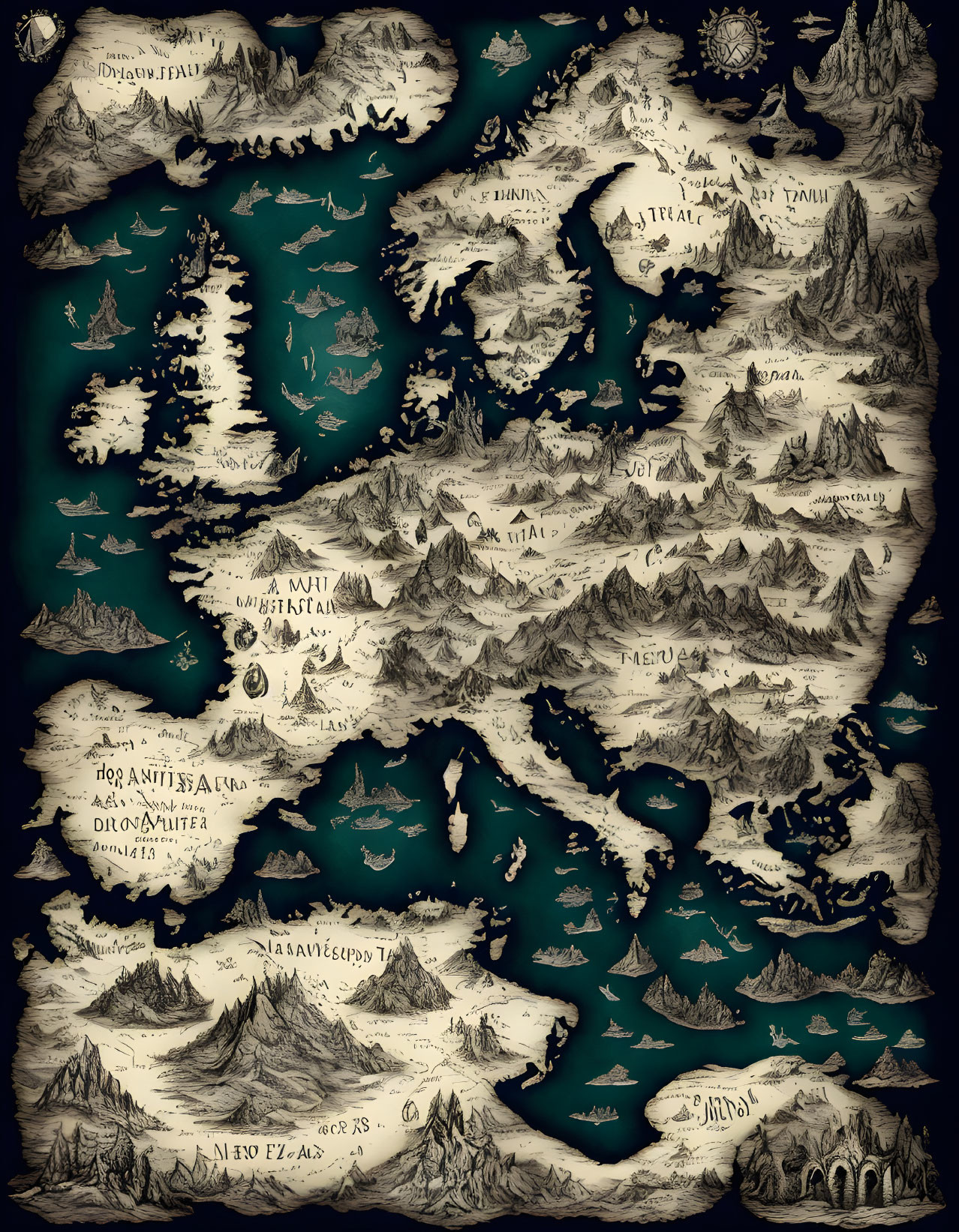 Fantasy map with islands, mountains, sea creatures, and ornate script.