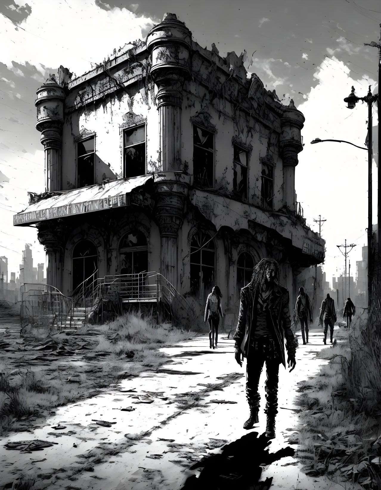 Monochrome post-apocalyptic scene with zombies and dilapidated building