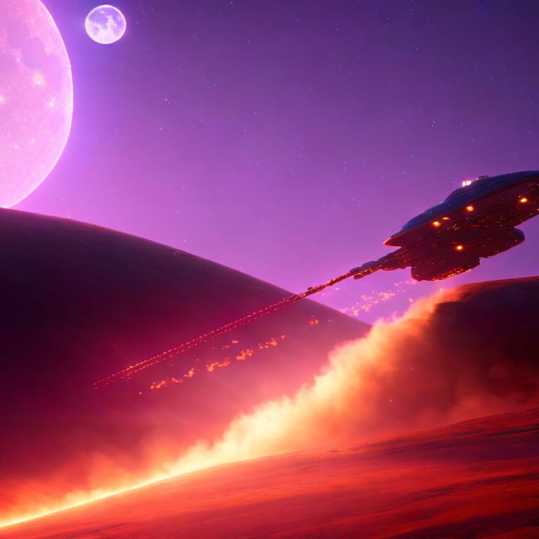 Spaceship hovers above fiery planet with debris trail, purple starry sky, and large moon