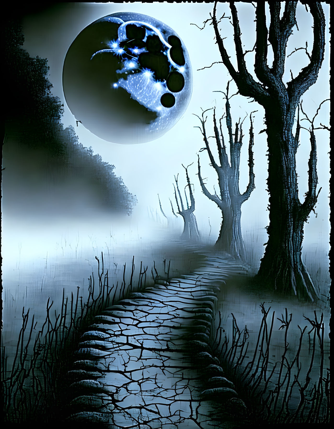 Mystical foggy night landscape with winding path, bare trees, and blue moon glow