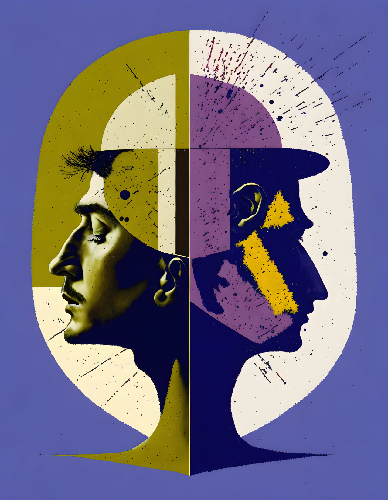 Profile-split face illustration merging human and abstract art with contrasting colors and textures.