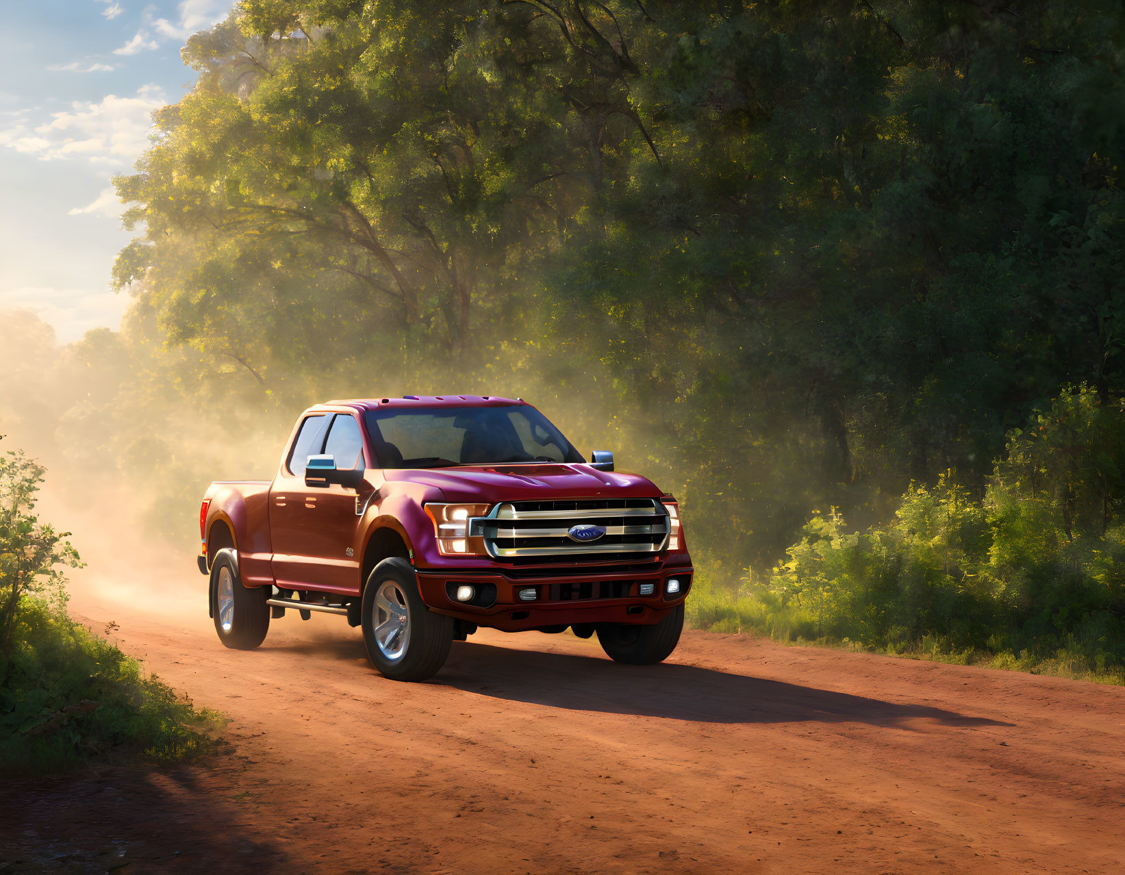 Red Pickup Truck Driving on Dusty Road Through Green Forest