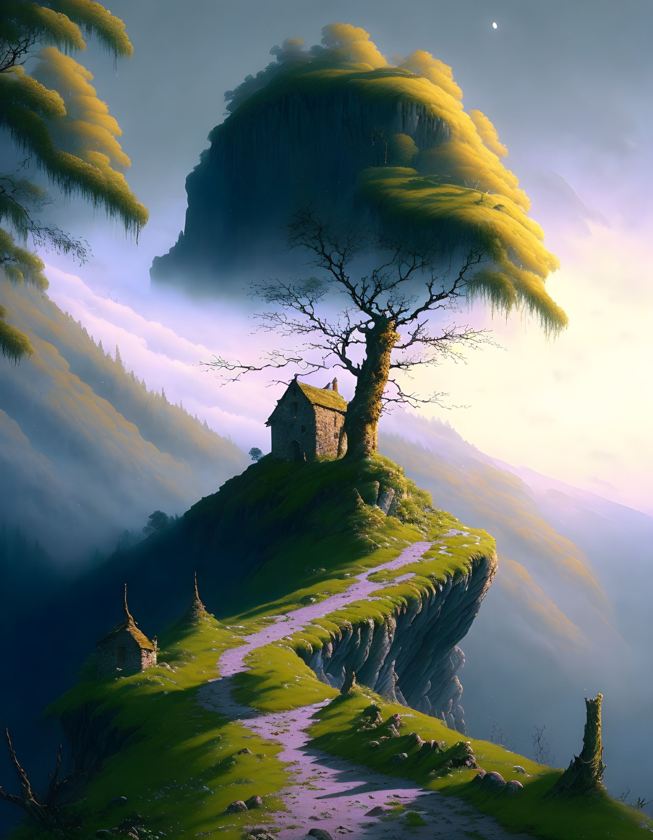 Fantastical landscape with isolated house on cliff at twilight