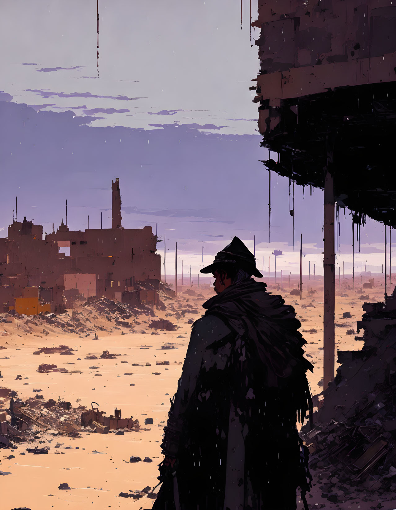 Cloaked figure observing war-torn cityscape at dusk