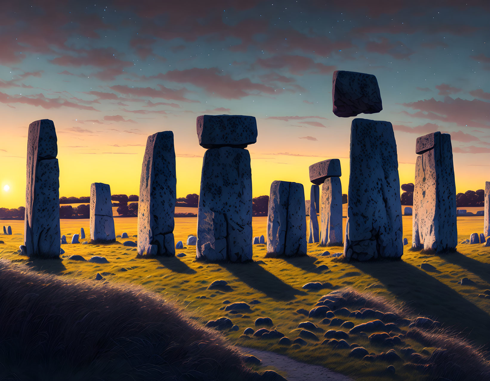 Ancient Stonehenge at Twilight with Stars and Warm Sunlight