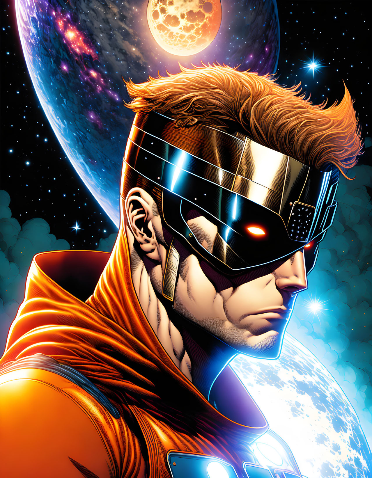 Superhero with Visored Helmet in Orange Suit against Cosmic Planets