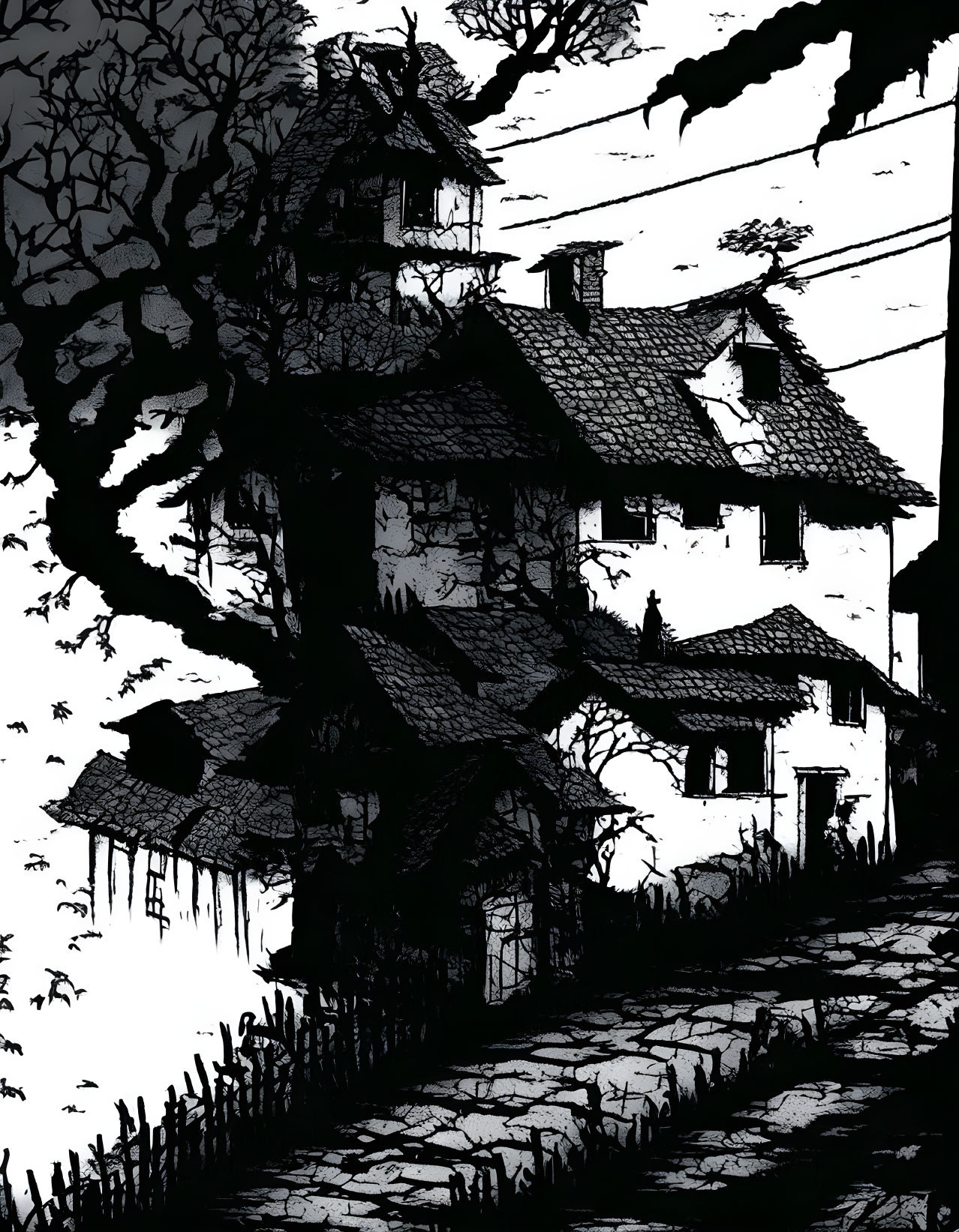 Spooky monochrome illustration of dilapidated multi-story house