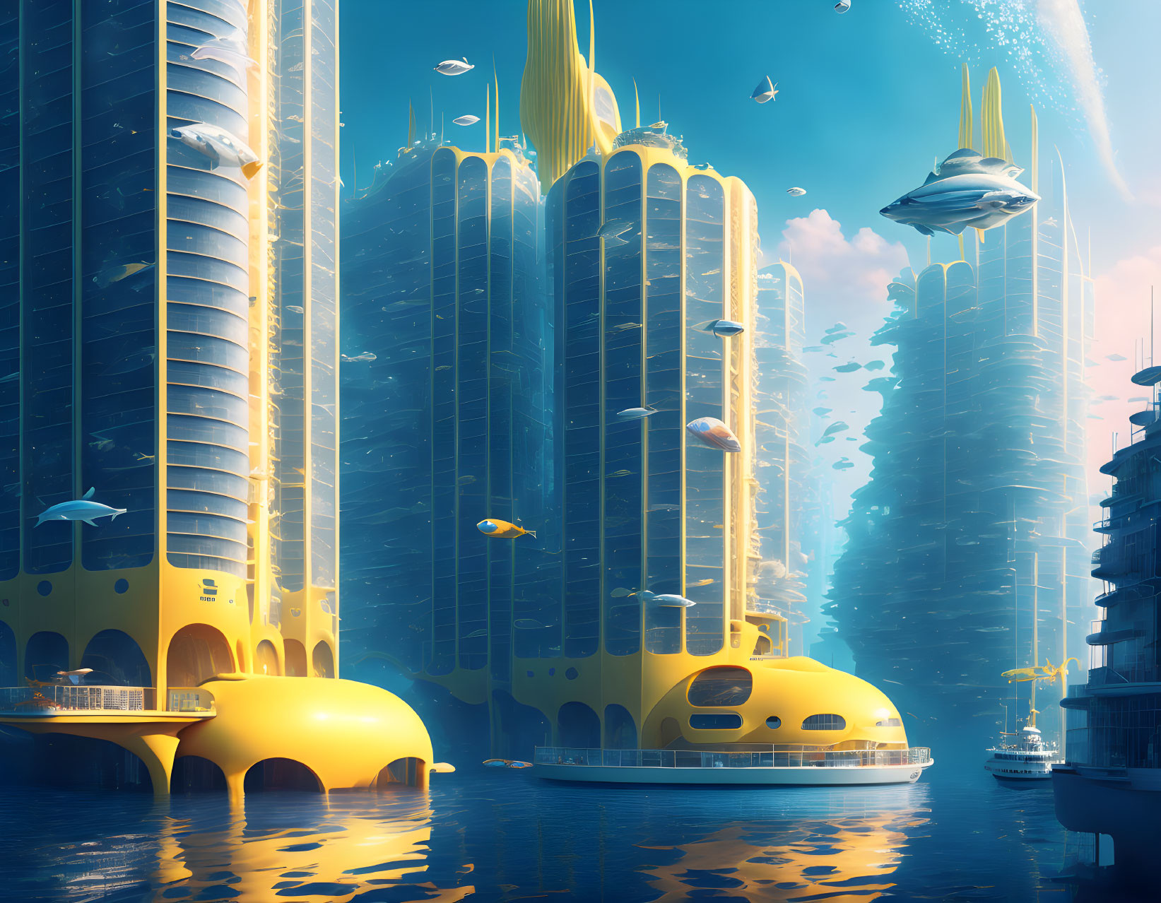 Futuristic underwater city with towering structures and submarines