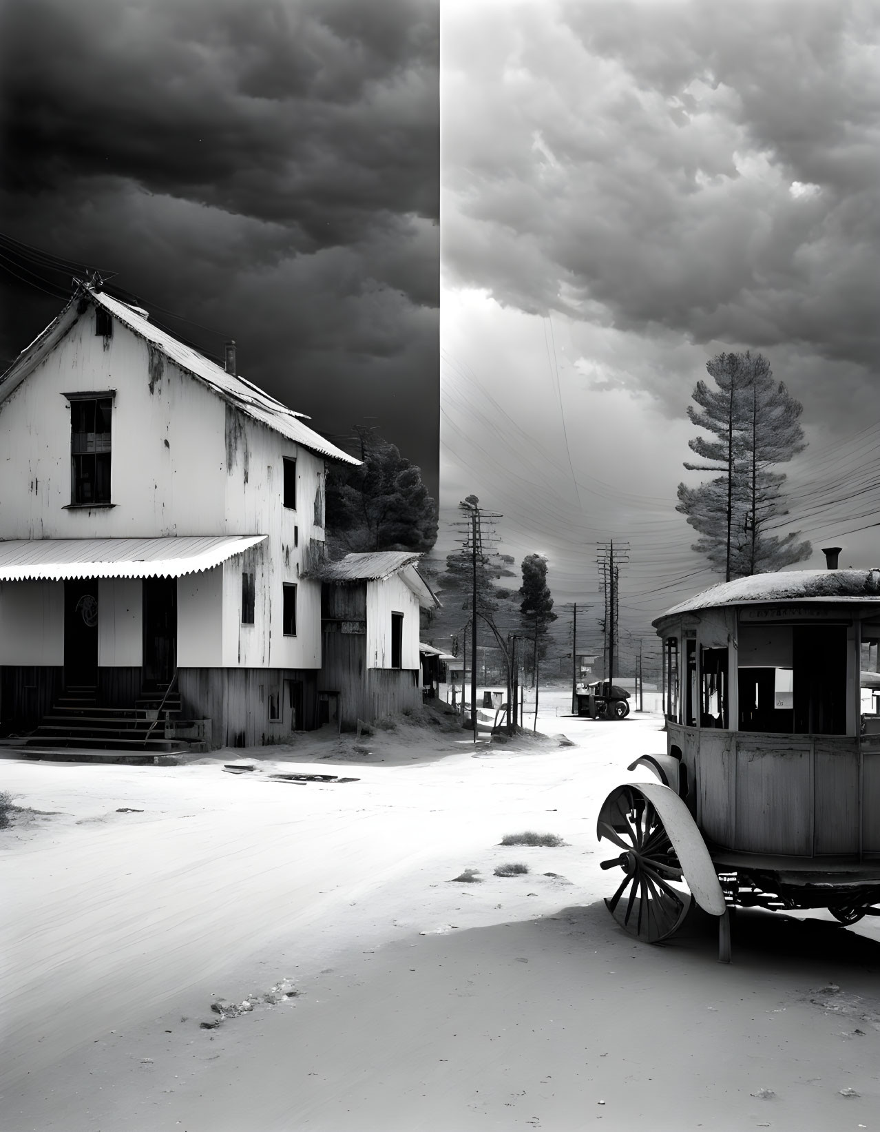 Desolate street with vintage tramcar and abandoned building in black and white