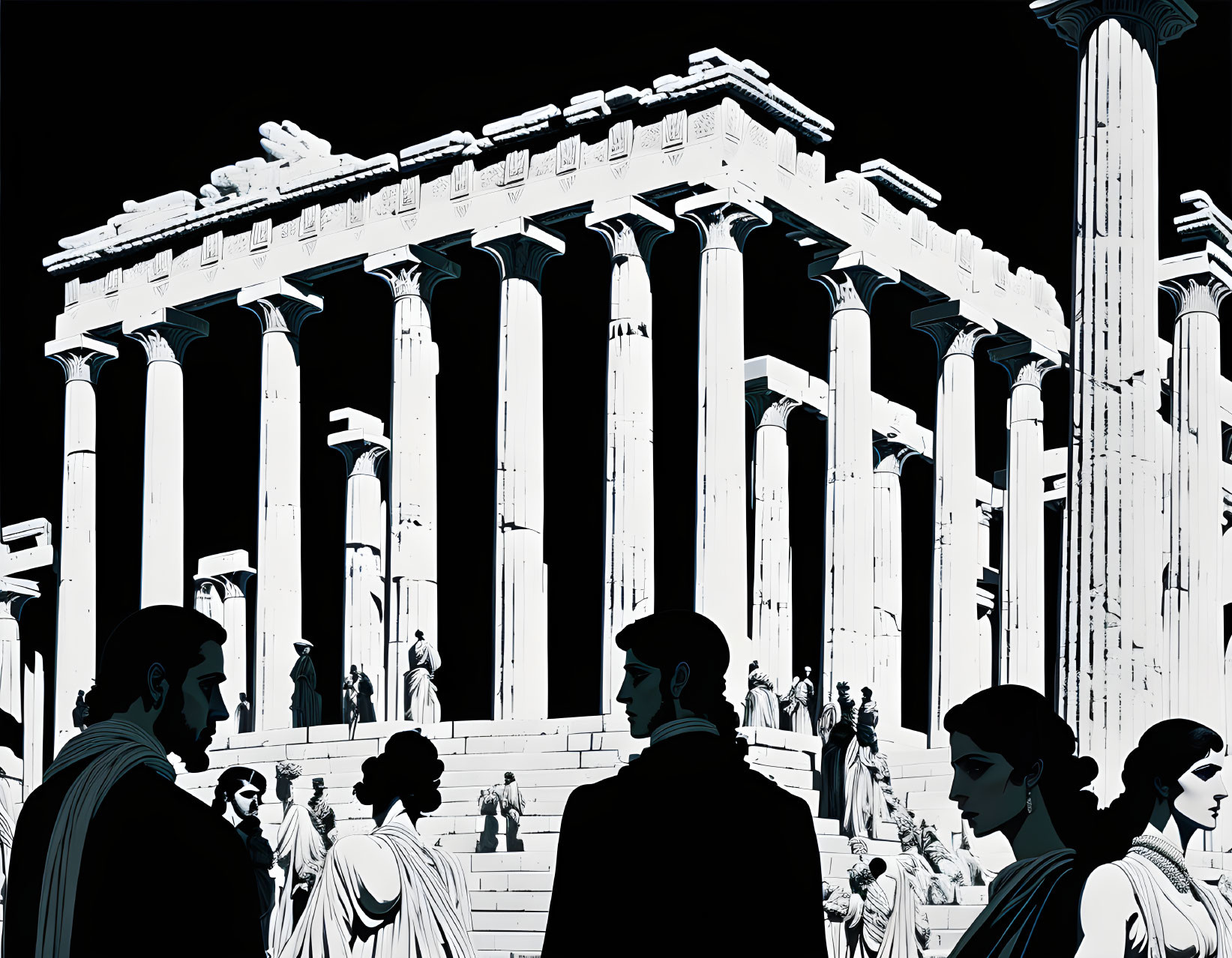 Ancient Greek temple with columns and silhouetted figures in classical attire