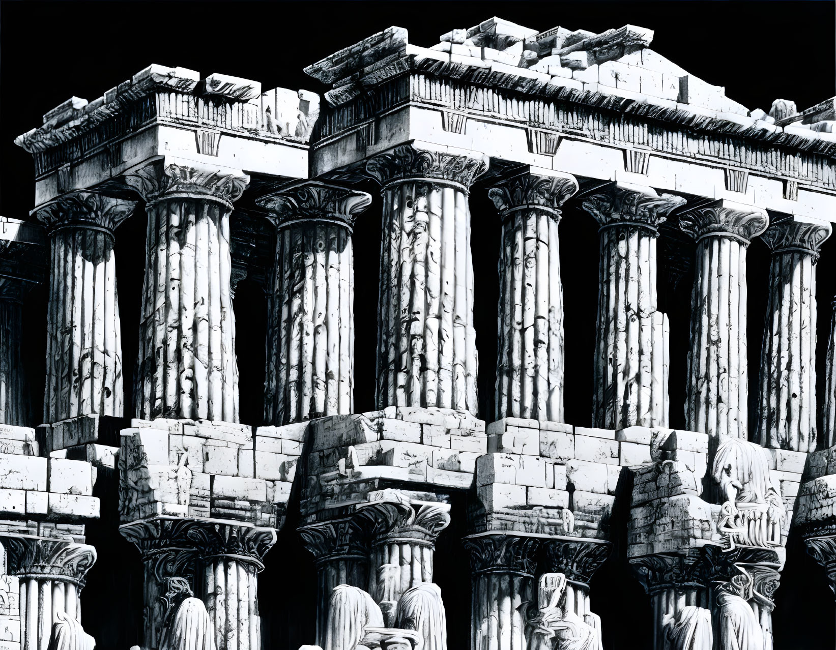 Detailed Monochrome Image of Ancient Greek Temple Ruins