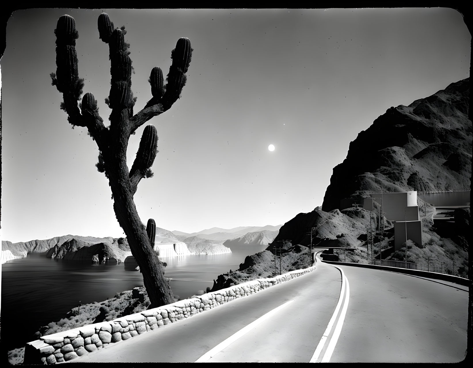 Desert road with cactus, mountains, lake, starry sky