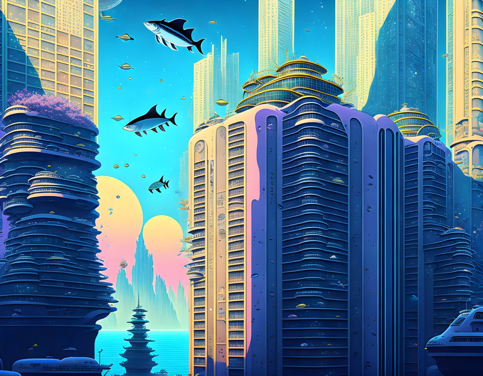 Futuristic cityscape with towering buildings and flying whales under a blue sky