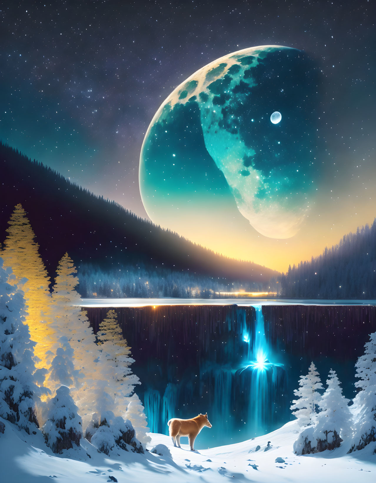 Winter night scene with wolf, luminous waterfall, snow-covered trees, oversized moon, and starry