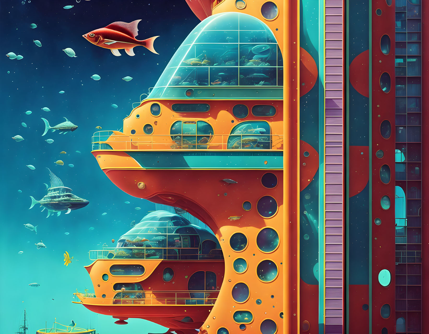 Colorful underwater scene with futuristic orange structure and diverse fish species