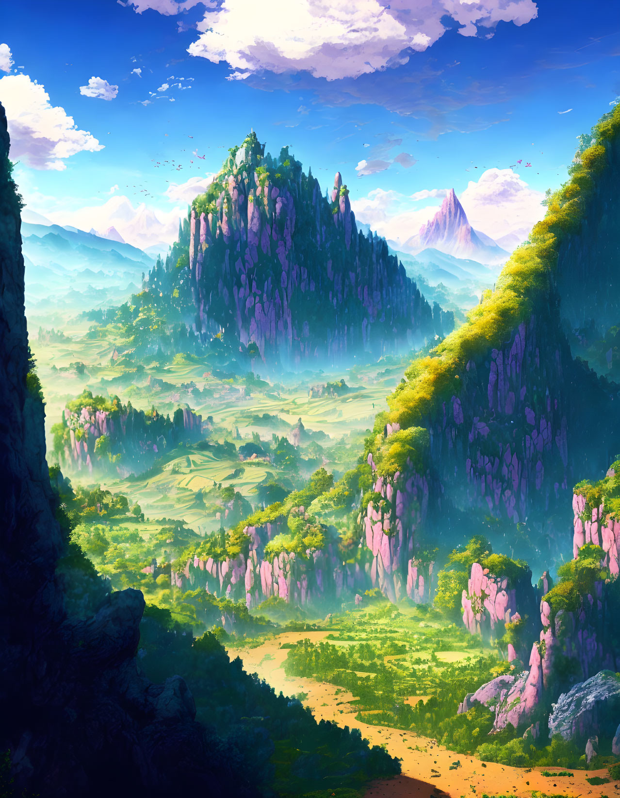 Fantasy landscape with towering cliffs, lush greenery, misty valleys, and distant mountains