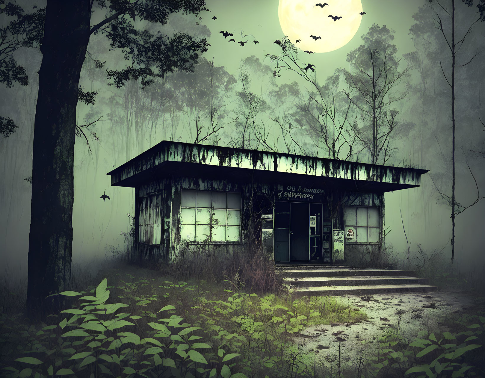 Desolate gas station at dusk with full moon, bats, and overgrown foliage