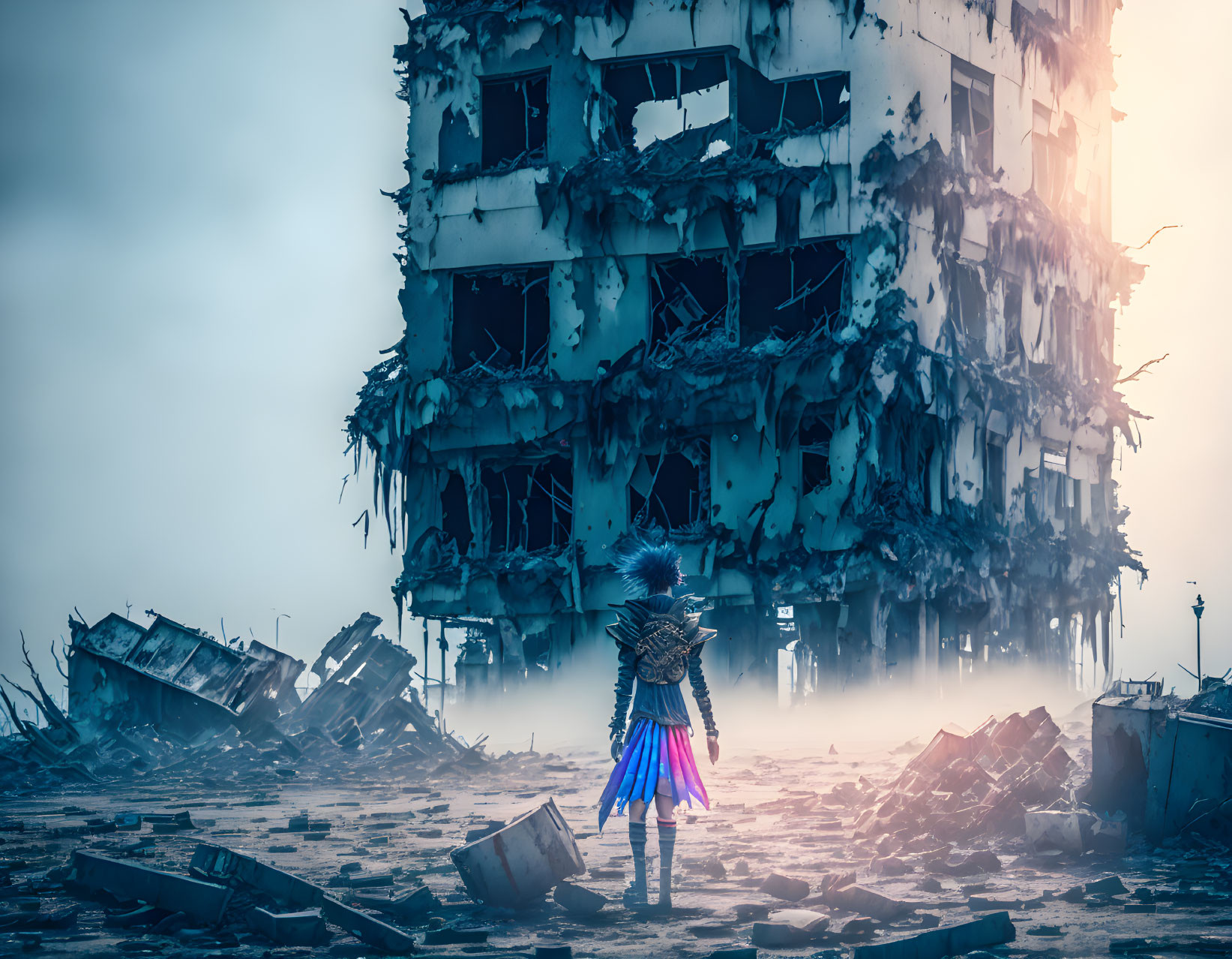 Child in Colorful Clothing Amidst Rubble and Misty Destroyed Building