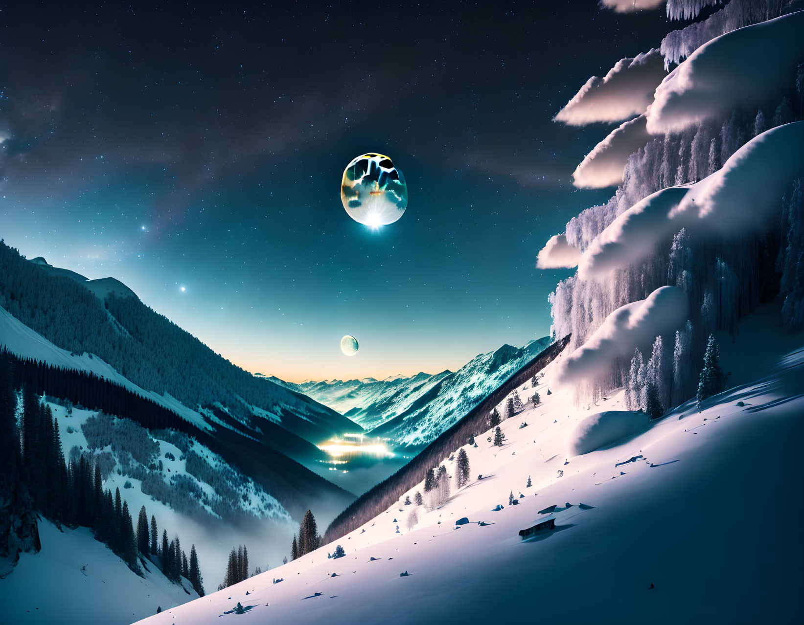 Surreal snowy mountains, frosted trees, and multiple moons in starry night landscape