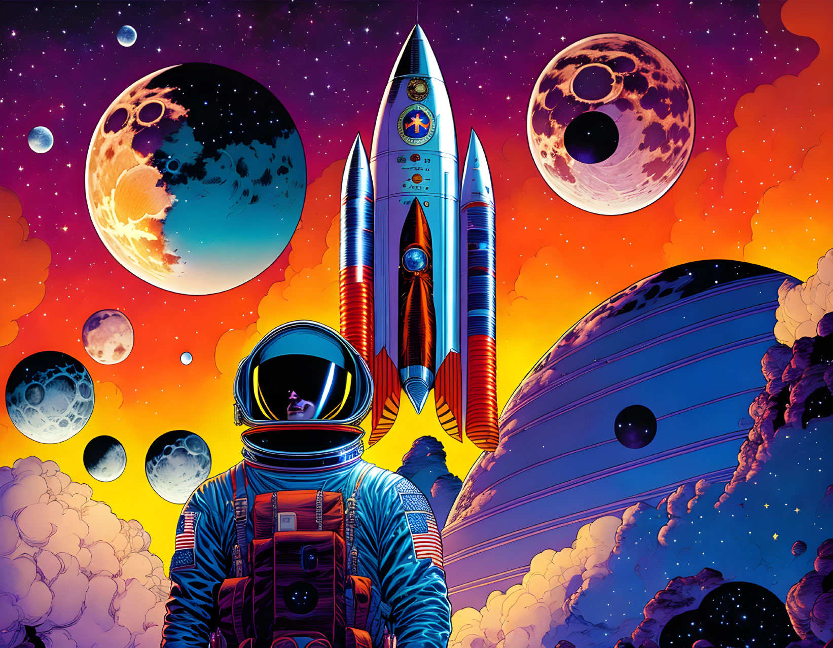 Astronaut in retro-futuristic spacesuit with rocket and planets in vibrant cosmic scene