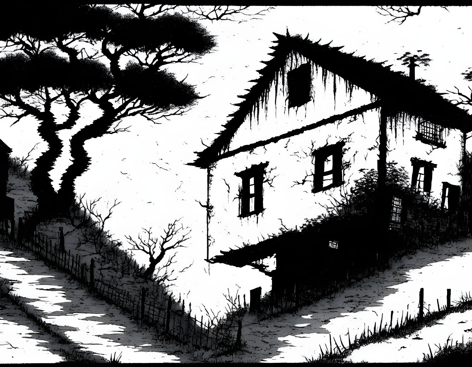 Monochrome illustration of a solitary two-story house with barren trees and a winding path