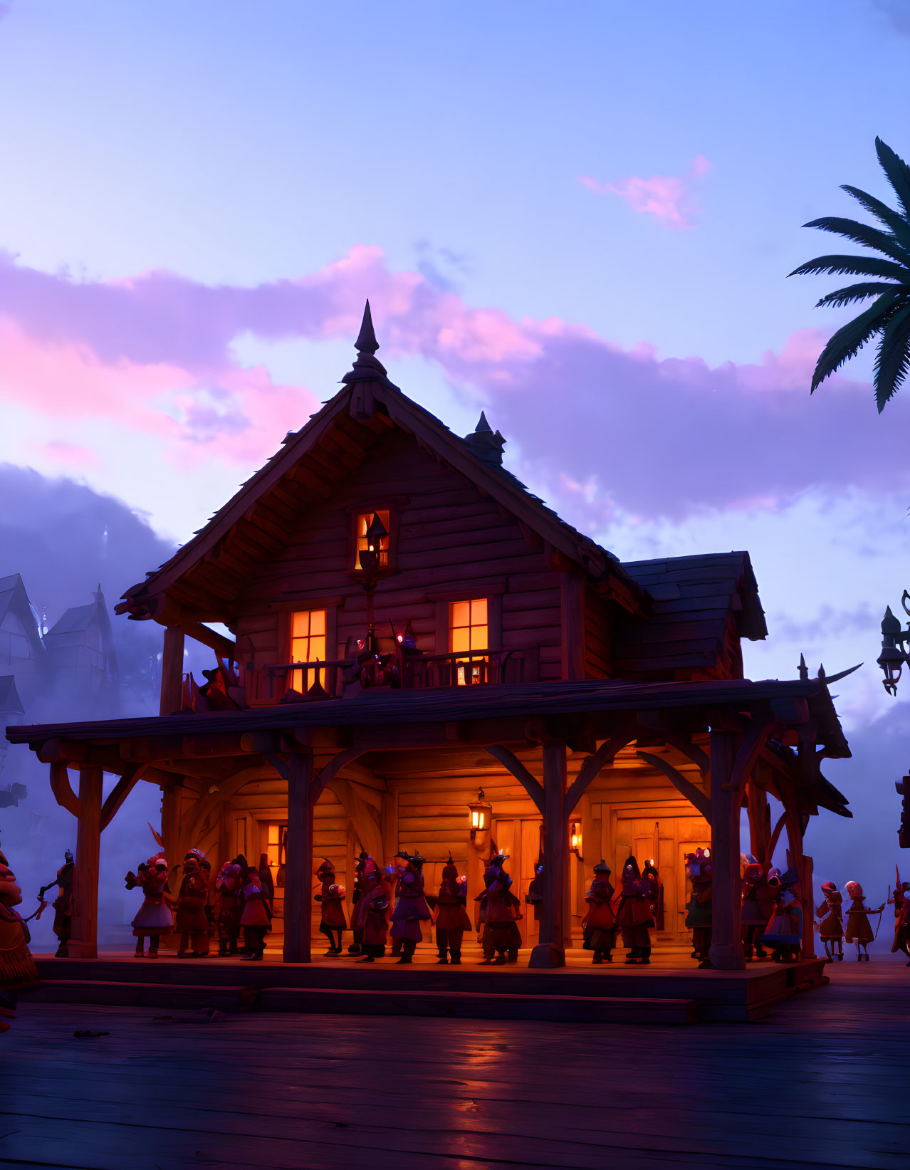 Wooden house porch lit by warm lights at dusk with people under purple sky