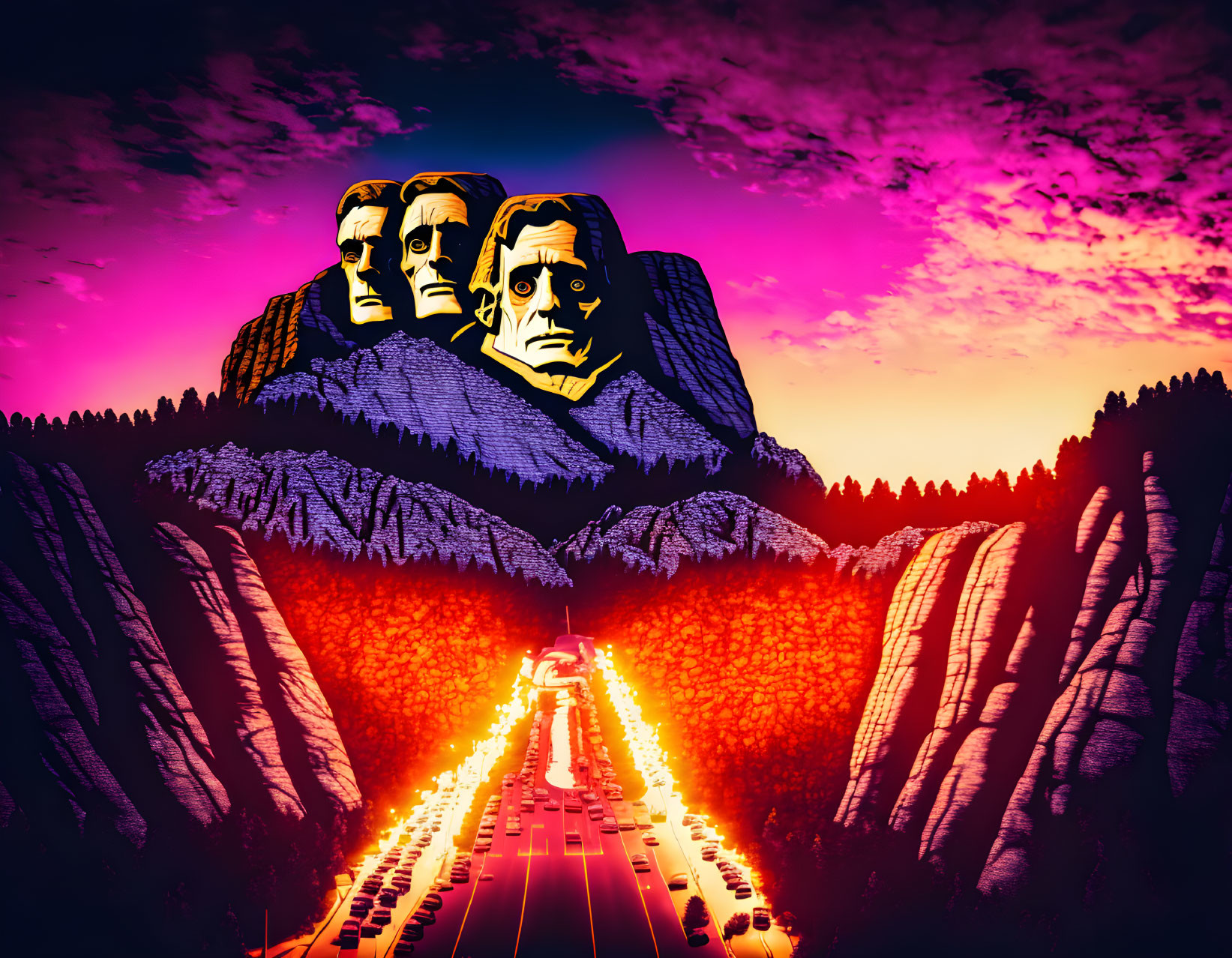 Mount Rushmore with pink and purple skies and traffic jam lights.