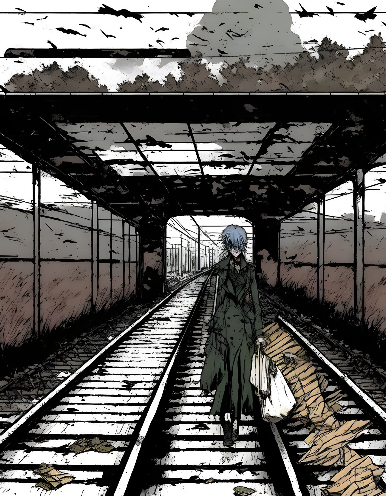 Blue-haired figure in green coat walking on railroad track under cloudy sky