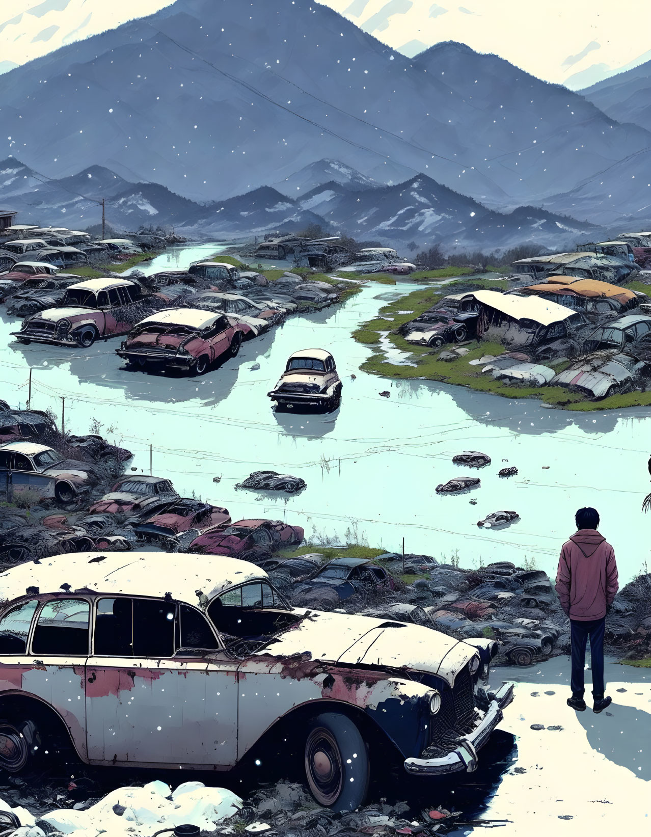 Solitary figure in abandoned car wasteland with snowy mountains.