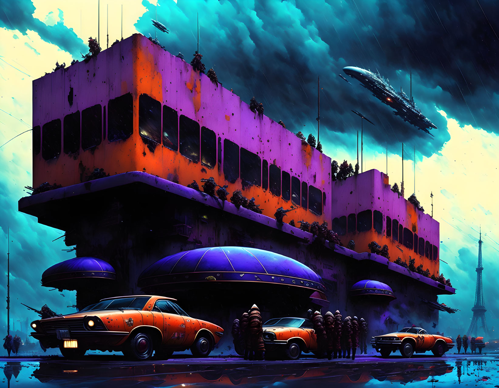 Retro-futuristic cityscape with hovering ships and neon lights