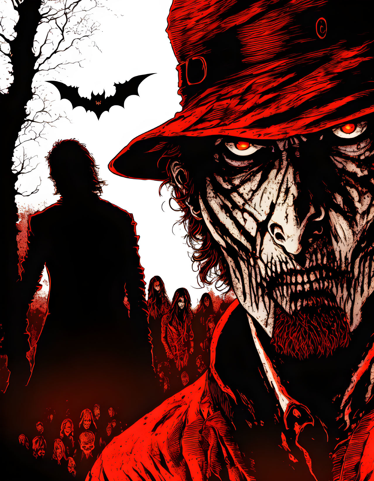 Eerie red and black zombie illustration with glowing eyes and spooky silhouettes