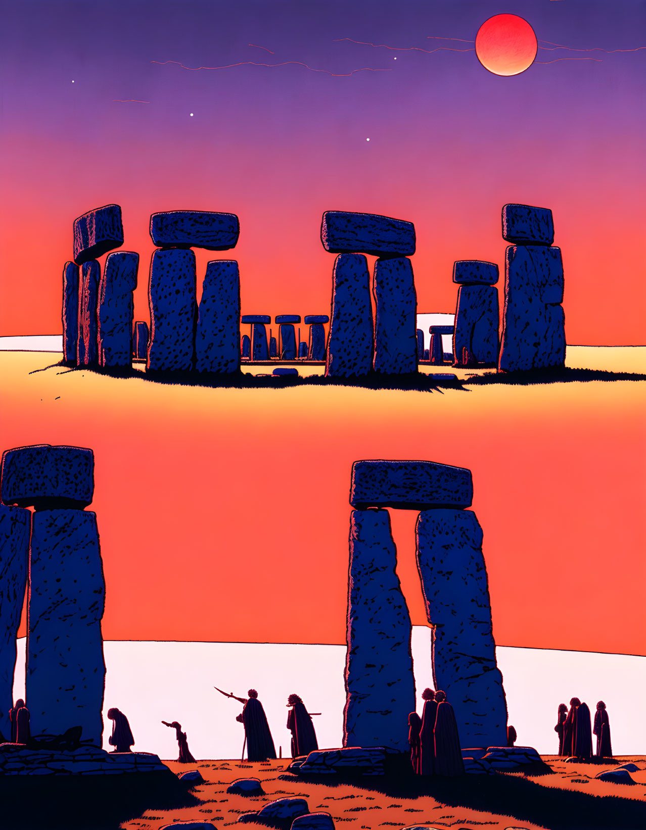 Stonehenge silhouette with figures under red sun and starry sky.