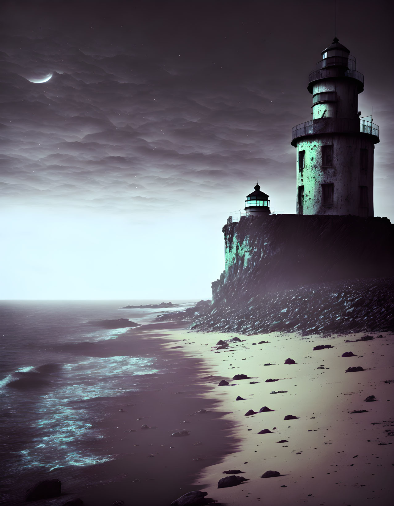 Nighttime Seascape with Towering Lighthouse and Crescent Moon