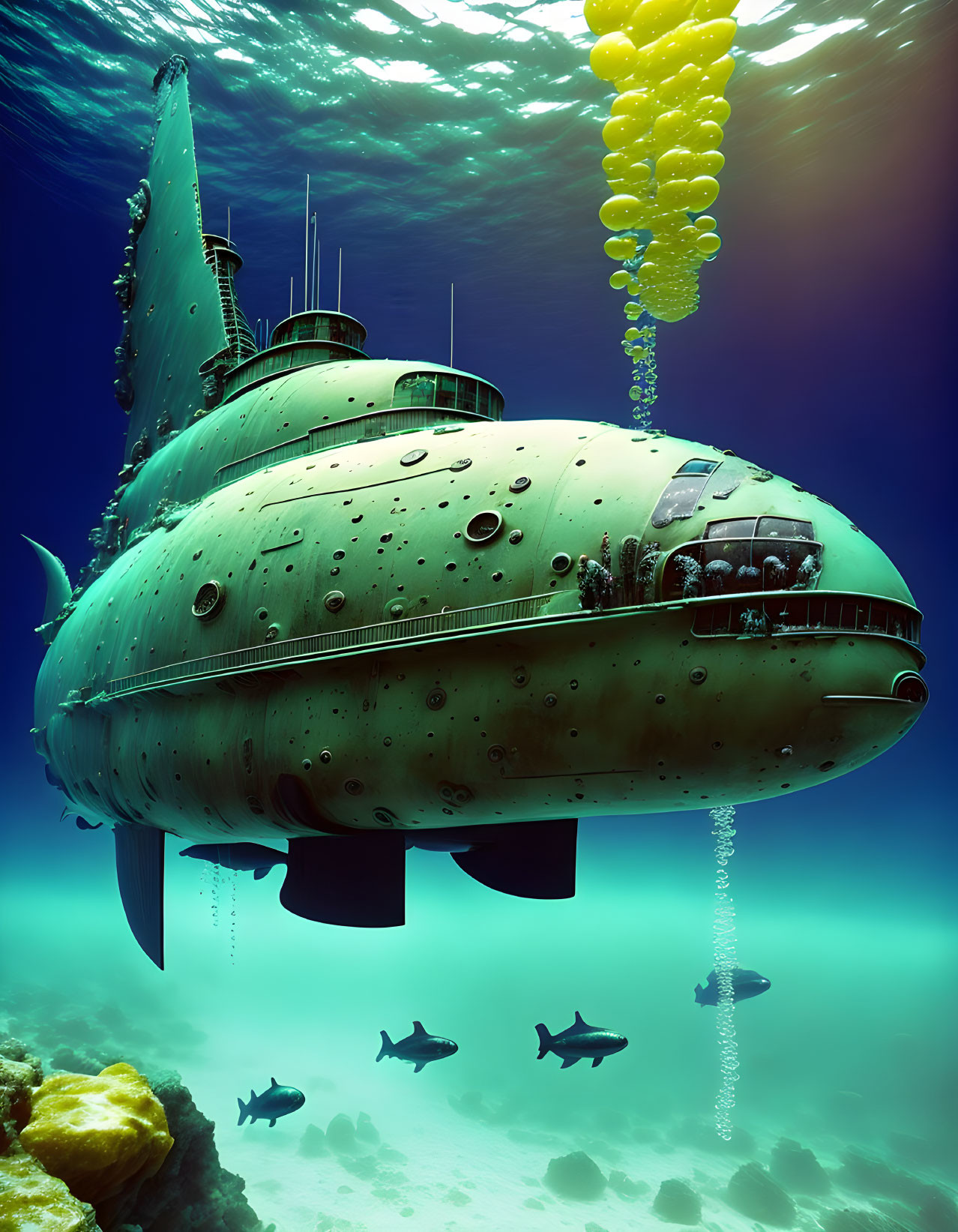 Yellow-Green Submarine Submerged in Deep Blue Underwater Scene