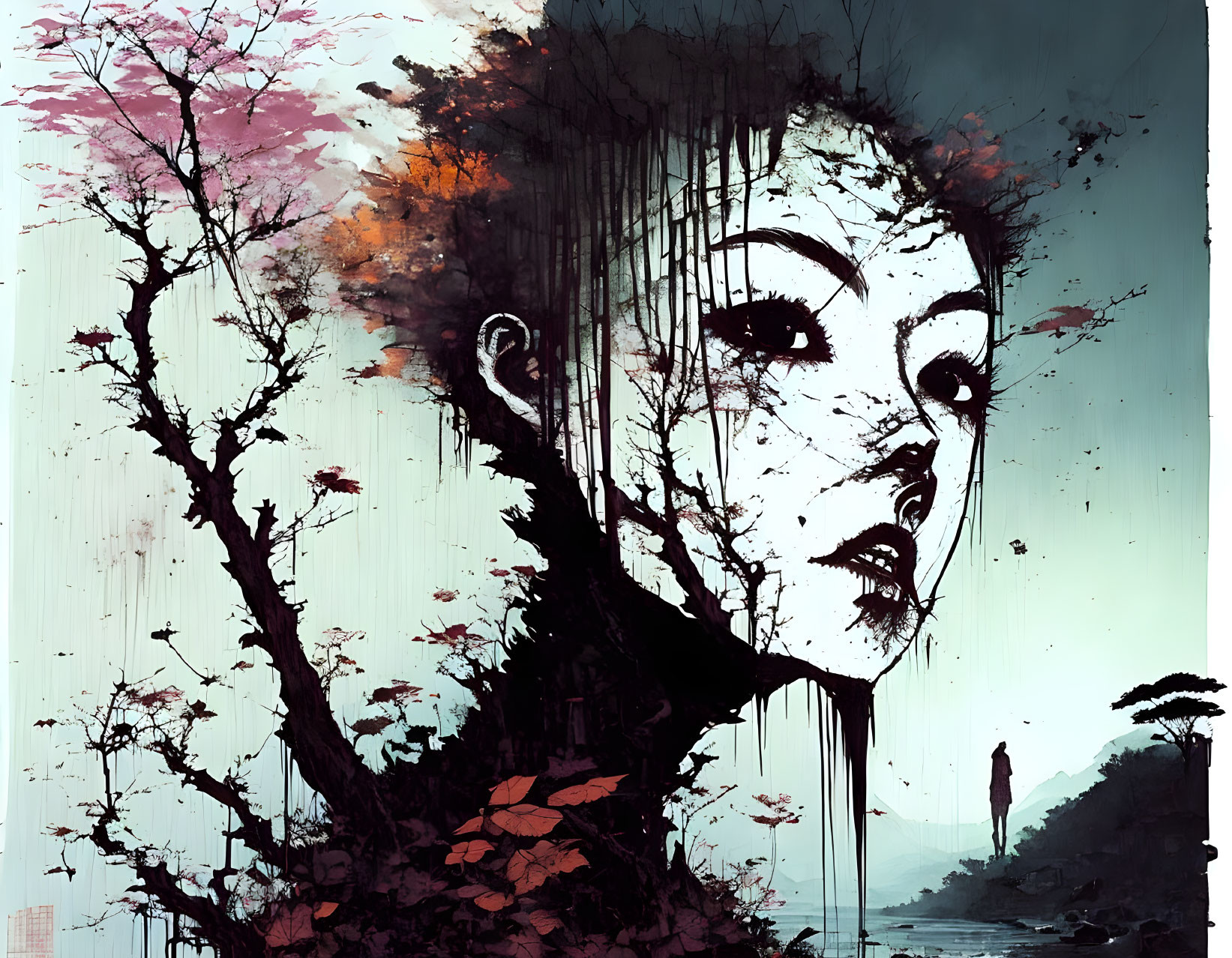 Surreal woman's face with dripping ink effect in nature setting